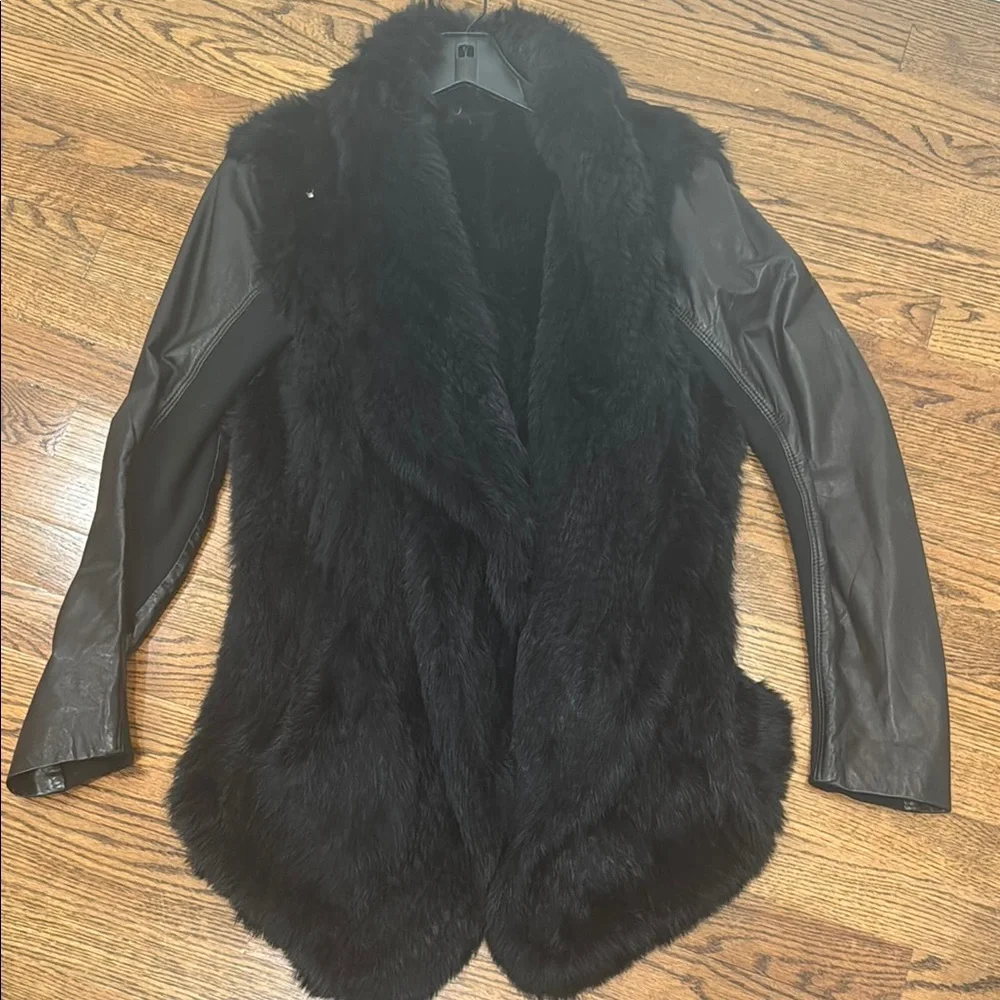 EUC June Elegant Black Real Rabbit Fur and Leather Women's Jacket - Picture 1 of 4